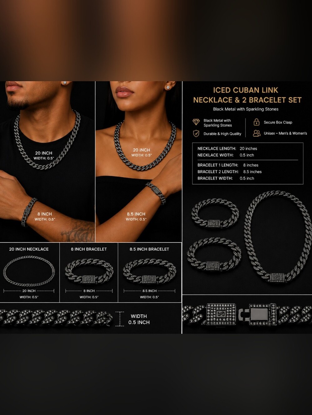 Black Stainless Steel Iced Cuban Link Necklace & 2 Bracelet Set | 20" | 8" | 8.5
